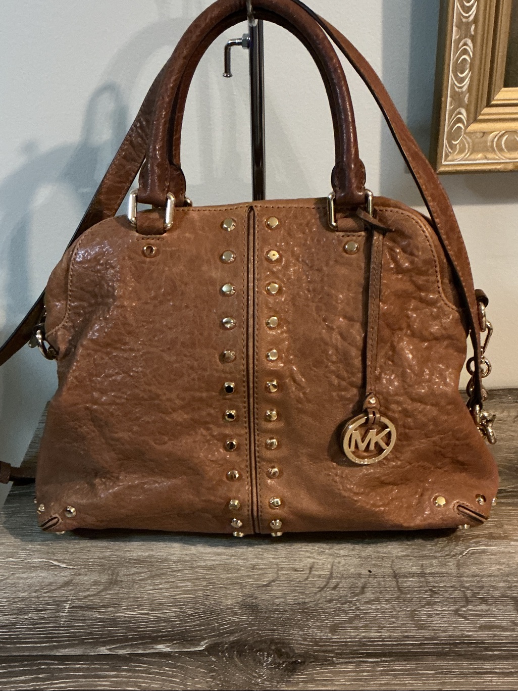 Michael Kors Astor Studded Leather Satchel Shoulder Crossbody Bag Walnut Euc